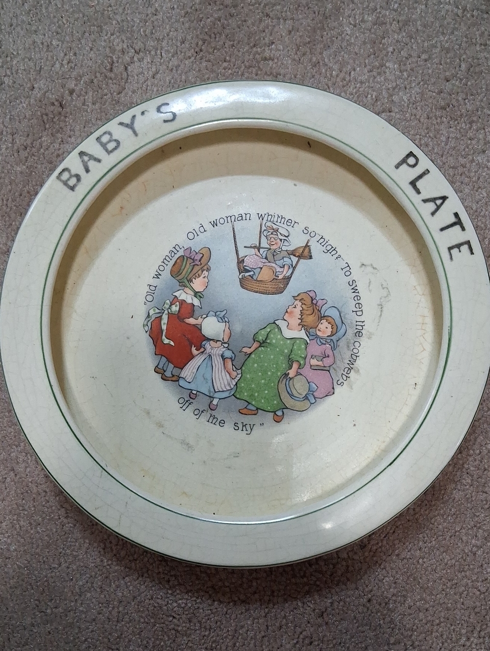 Baby's Plate Vintage Nursery Rhyme Ceramic Plate in Cream and Green